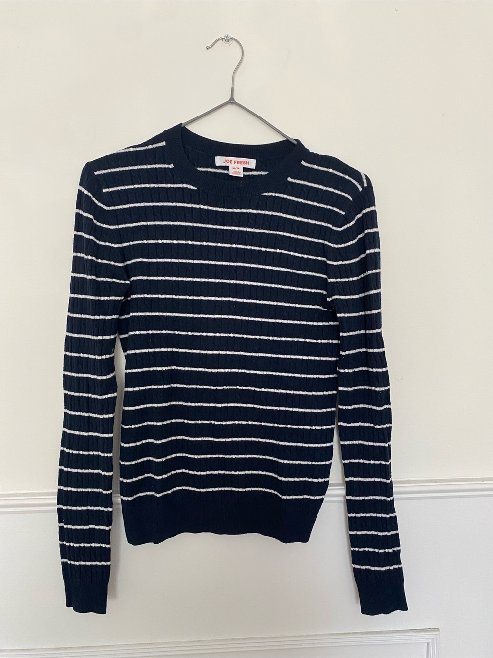 Joe Fresh Navy and White Ribbed Stripe Crewneck Sweater